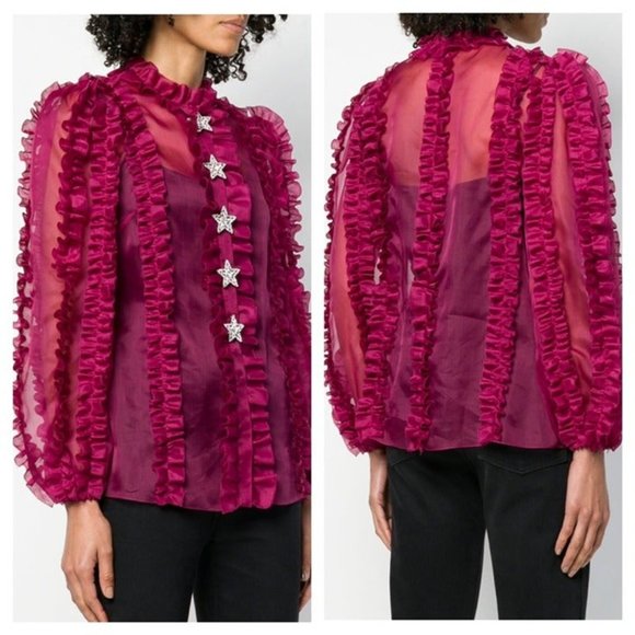 Sheer Fuchsia Ruffle Top Size Small - Picture 8 of 8